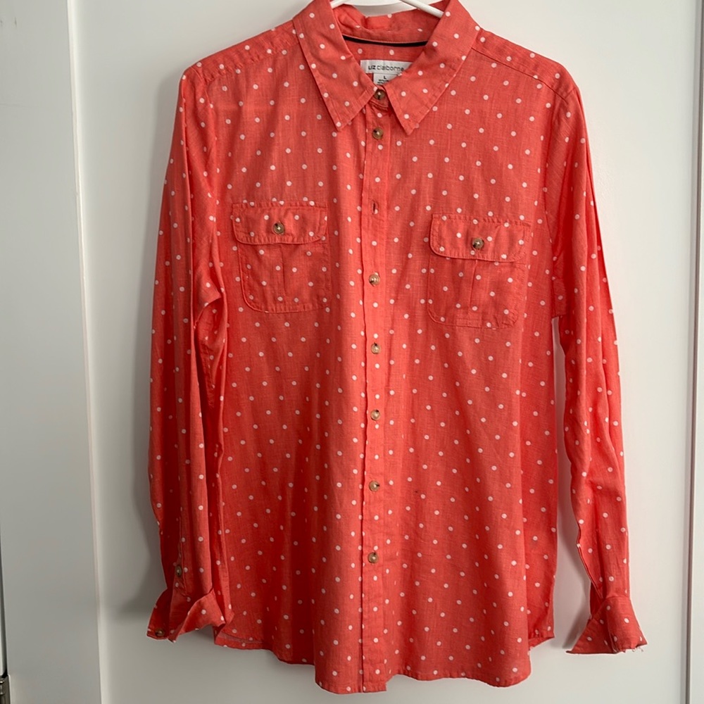 Liz Claiborne Coral with white polka dot shirt